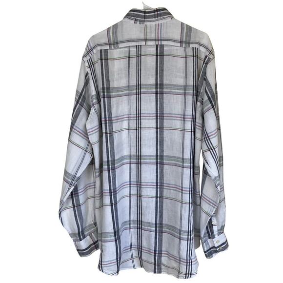 Thomas Dean Mens XL Tall 100% Linen Plaid Button Down Shirt White Multi Casual - Picture 2 of 16